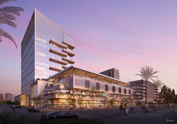 Couher de soleil et représentation du bâtiment IQHQ