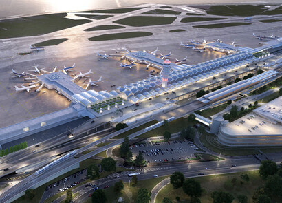 Vue aérienne d'un aéroport avec de grandes baies vitrées modernes et intelligentes. 