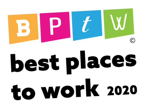 Logo avec 4 couleurs sur chaque lettre et une police différente : B, P, t, w. Puis texte ci-dessous en noir "meilleurs endroits où travailler 2020"