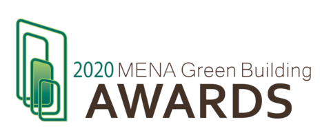 Une icône verte qui semble être constituée de couches de rectangles verts, plus un texte indiquant : 2020 MENA Green Building