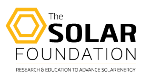 La Fondation solaire en texte noir avec une icône en nid d'abeille jaune-orange en haut à droite. En bas, en petits caractères, RECHERCHE ET ÉDUCATION POUR FAIRE PROGRESSER L'ÉNERGIE SOLAIRE